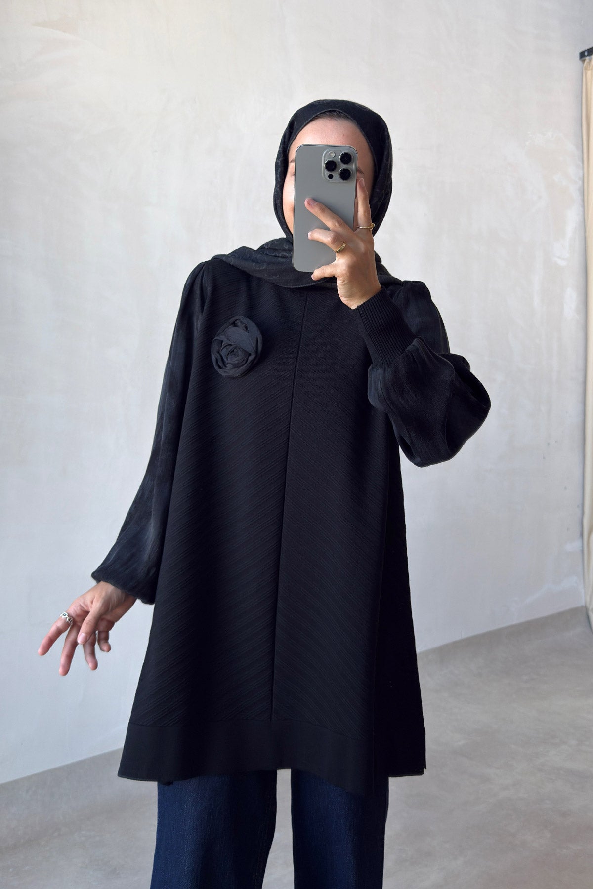 Rose Silk Cupra Sleeve Black Mercerized Tunic