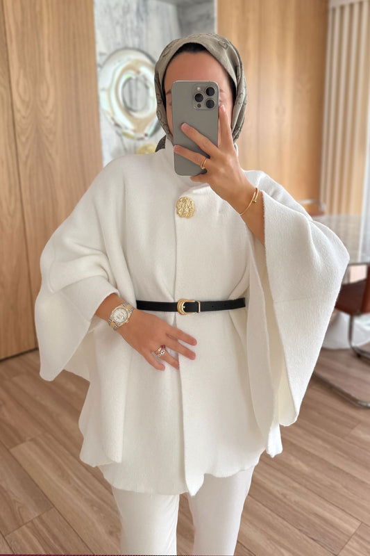 Belted Bearded Poncho - White