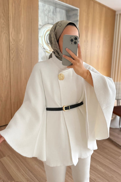 Belted Bearded Poncho - White