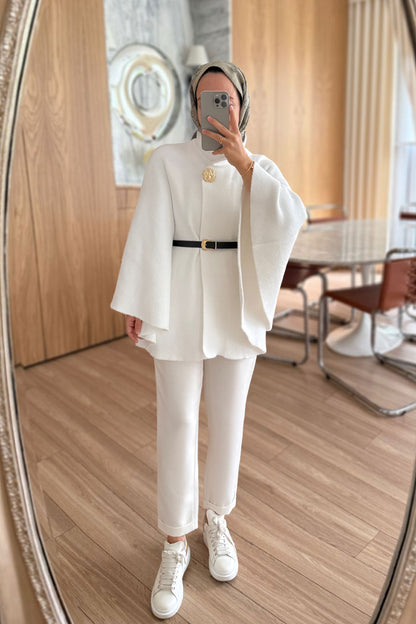 Belted Bearded Poncho - White