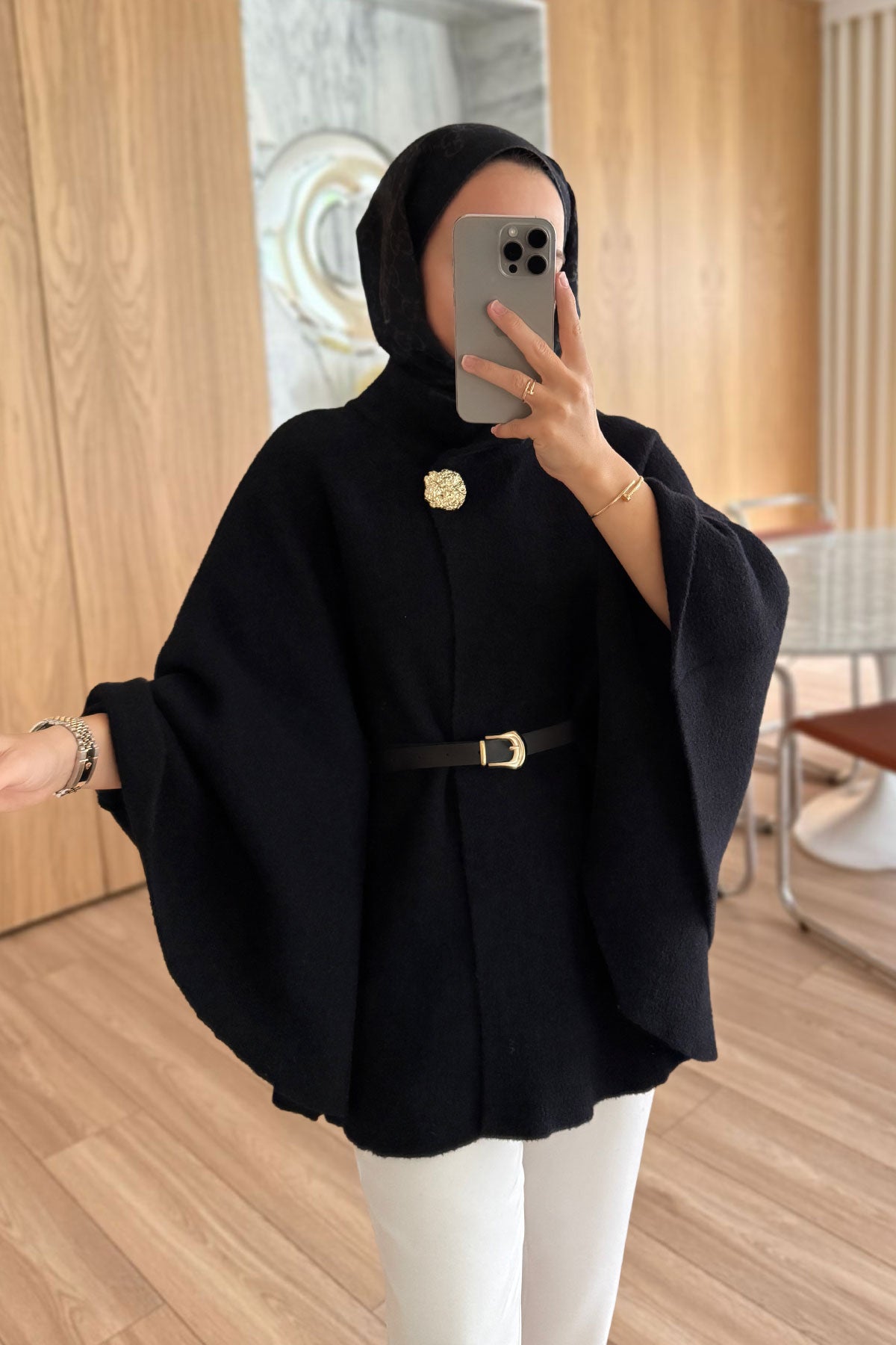 Belted Bearded Poncho - Black