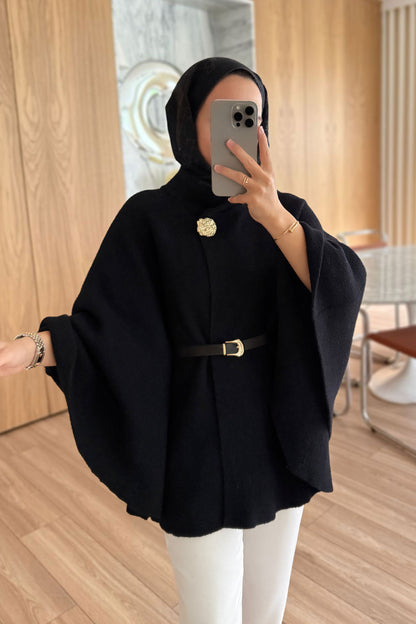 Belted Bearded Poncho - Black