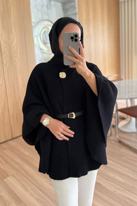 Belted Bearded Poncho - Black