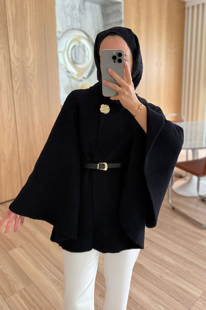 Belted Bearded Poncho - Black