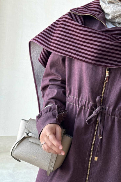Two-Piece Denim Suit with Shawl Detail - Burgundy