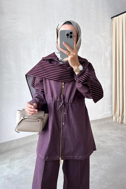Two-Piece Denim Suit with Shawl Detail - Burgundy