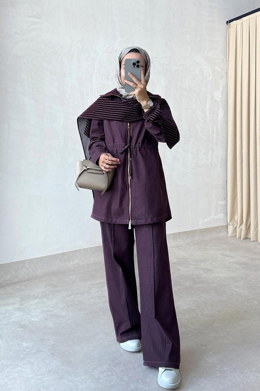 Two-Piece Denim Suit with Shawl Detail - Burgundy