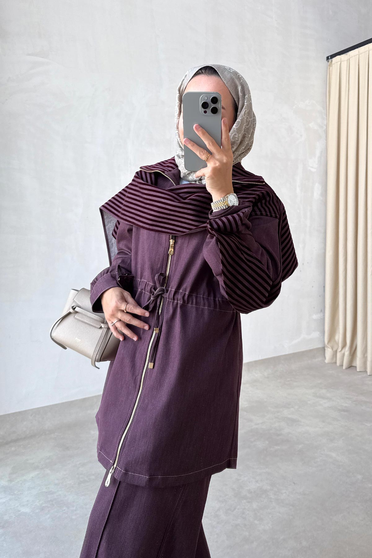 Two-Piece Denim Suit with Shawl Detail - Burgundy