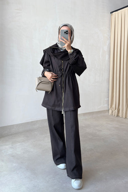Two-Piece Denim Suit with Shawl Detail - Brown