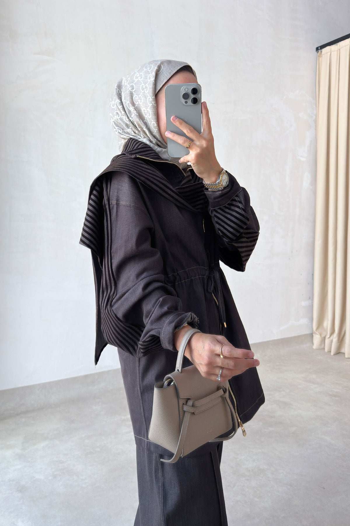 Two-Piece Denim Suit with Shawl Detail - Brown