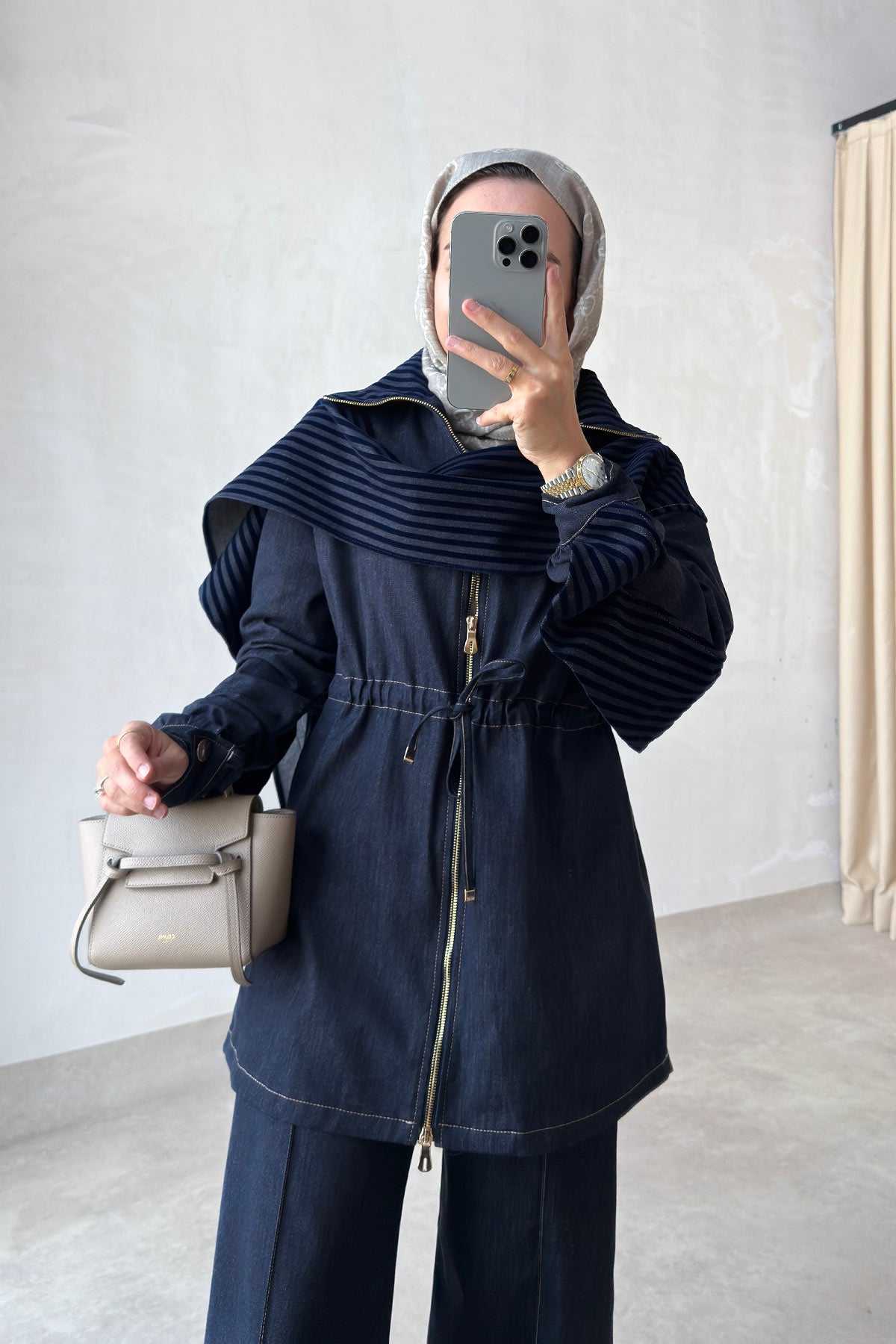 Two-Piece Denim Suit with Shawl Detail - Navy