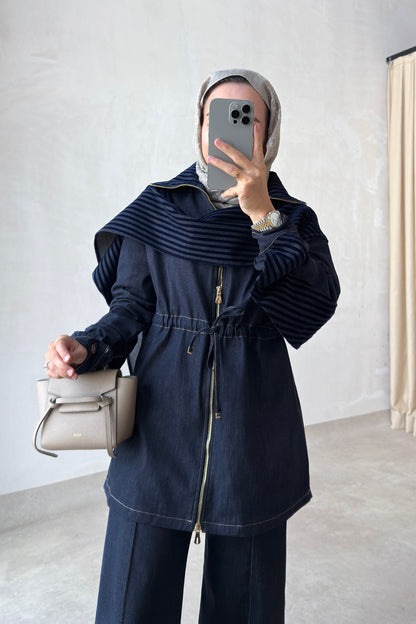 Two-Piece Denim Suit with Shawl Detail - Navy