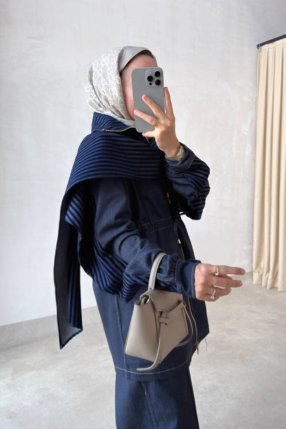 Two-Piece Denim Suit with Shawl Detail - Navy