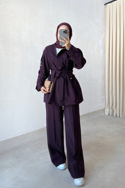Collared Jacket Suit - Burgundy