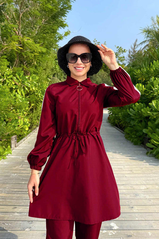 Sequin Detail Modest Swimsuit - Burgundy