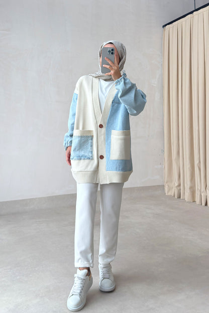 Double Pocket Design Cardigan - Blue