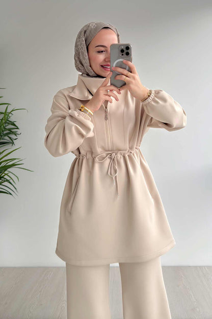 Design Collar Scuba Suit - Beige