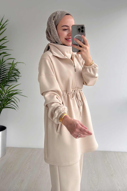 Design Collar Scuba Suit - Beige