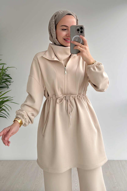 Design Collar Scuba Suit - Beige