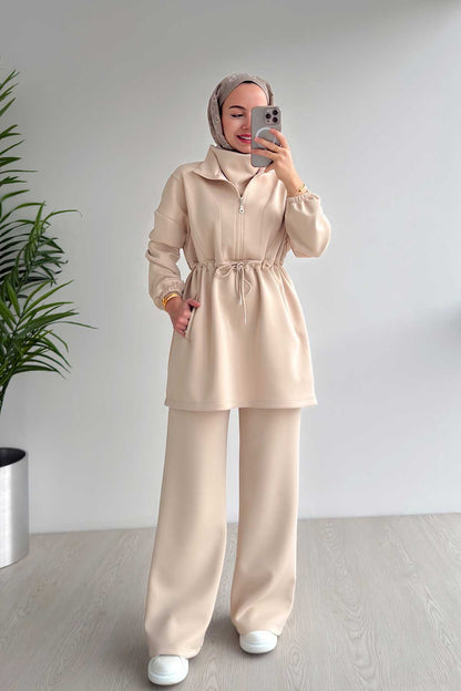 Design Collar Scuba Suit - Beige