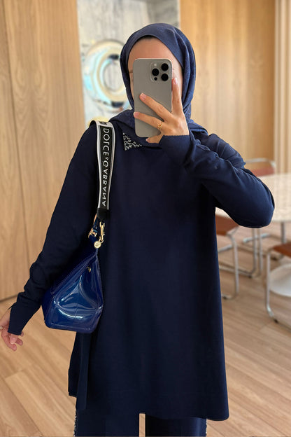 Stone-Detail Mercerized Modest Suit - Navy Blue