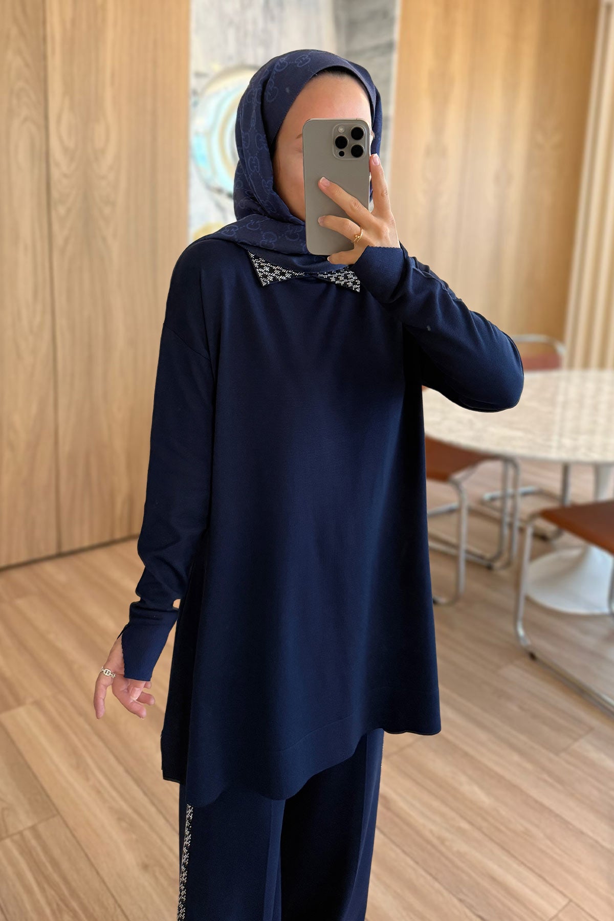 Stone-Detail Mercerized Modest Suit - Navy Blue