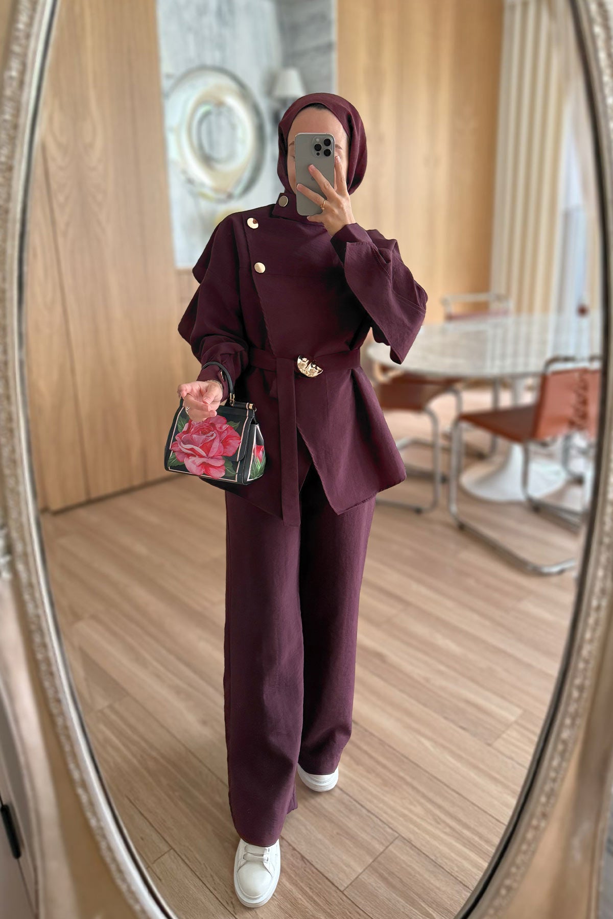 Trench Coat Suit with Shoulder Buttons - Burgundy