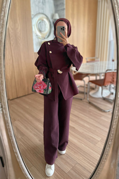 Trench Coat Suit with Shoulder Buttons - Burgundy