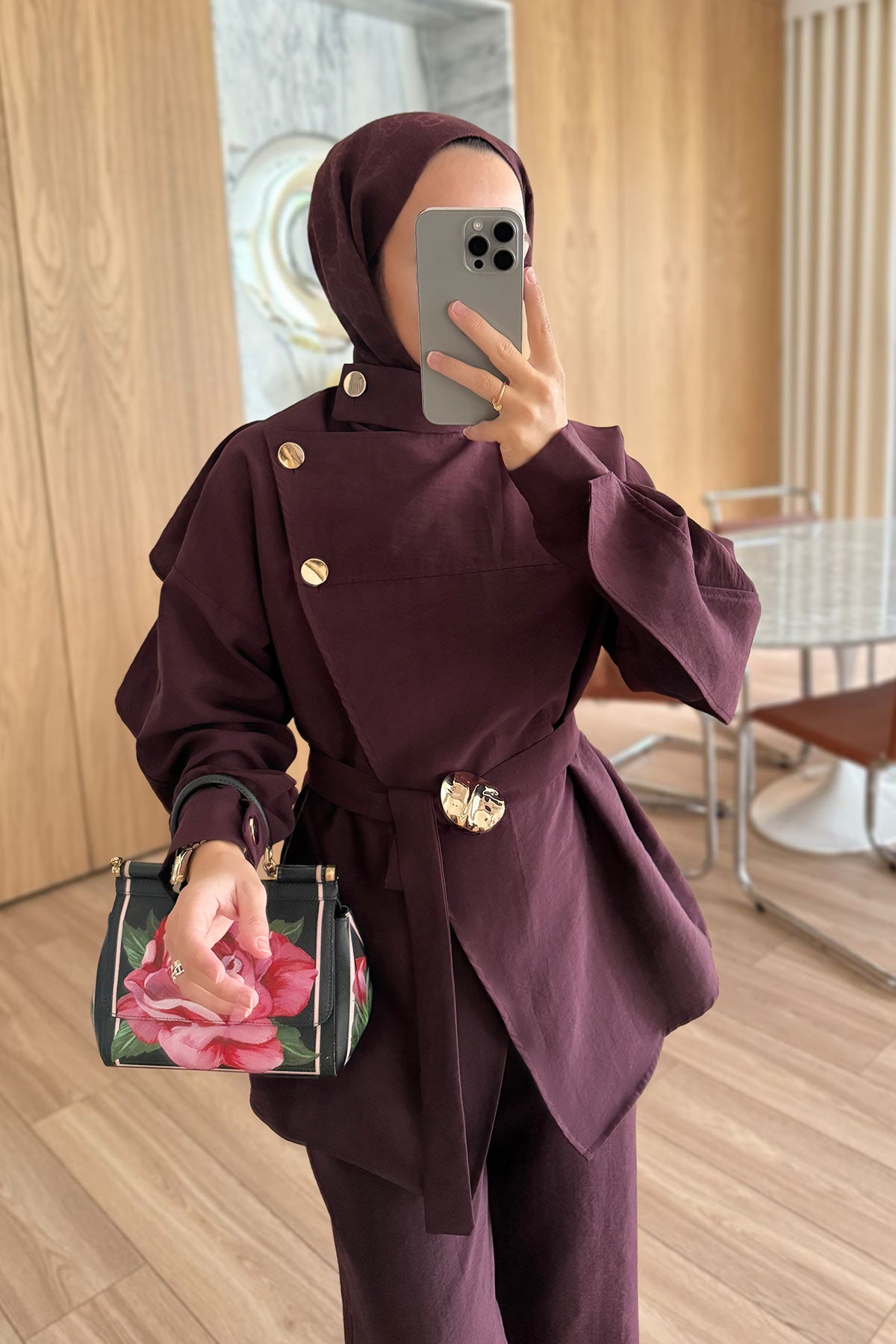 Trench Coat Suit with Shoulder Buttons - Burgundy