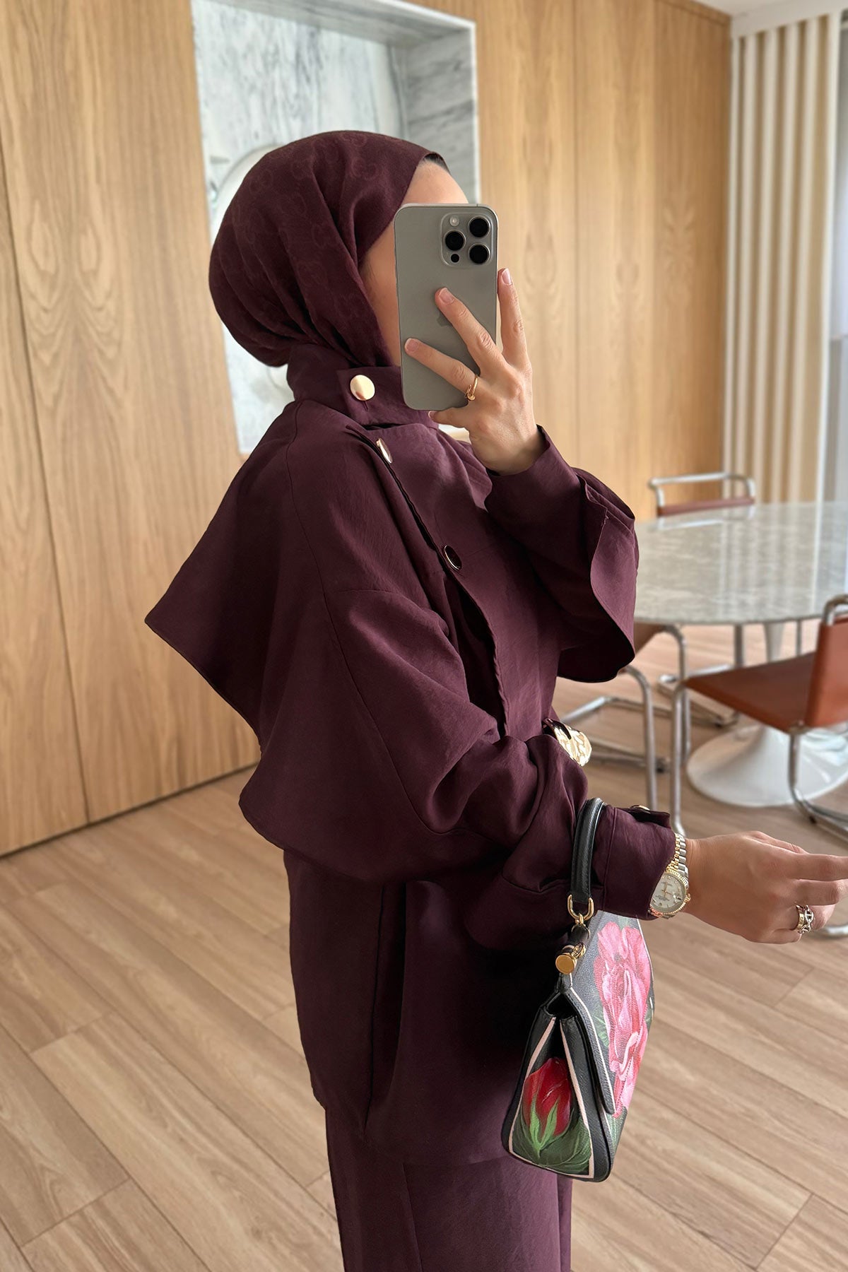 Trench Coat Suit with Shoulder Buttons - Burgundy