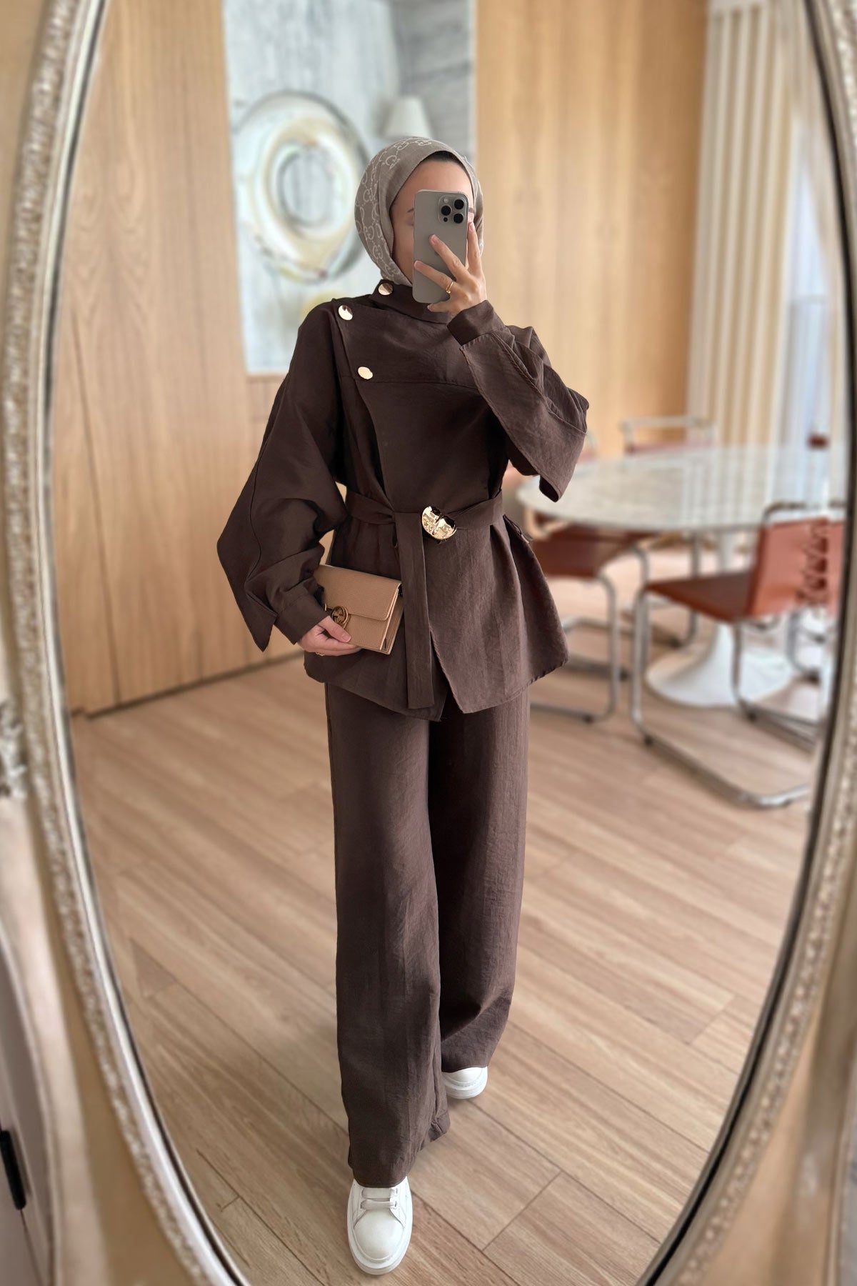 Trench Coat Suit with Shoulder Buttons - Brown