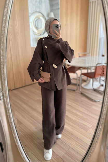 Trench Coat Suit with Shoulder Buttons - Brown