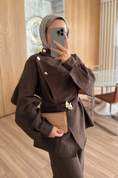 Trench Coat Suit with Shoulder Buttons - Brown