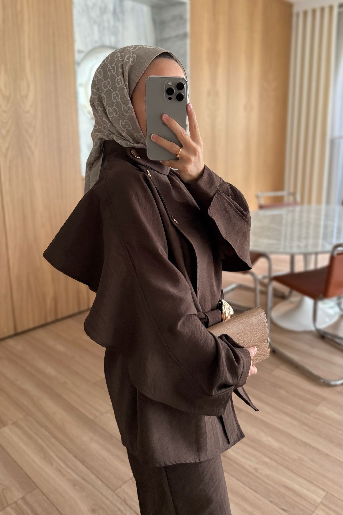 Trench Coat Suit with Shoulder Buttons - Brown