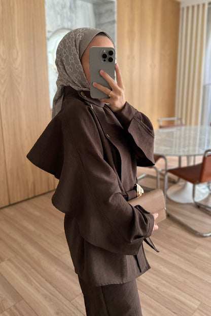 Trench Coat Suit with Shoulder Buttons - Brown