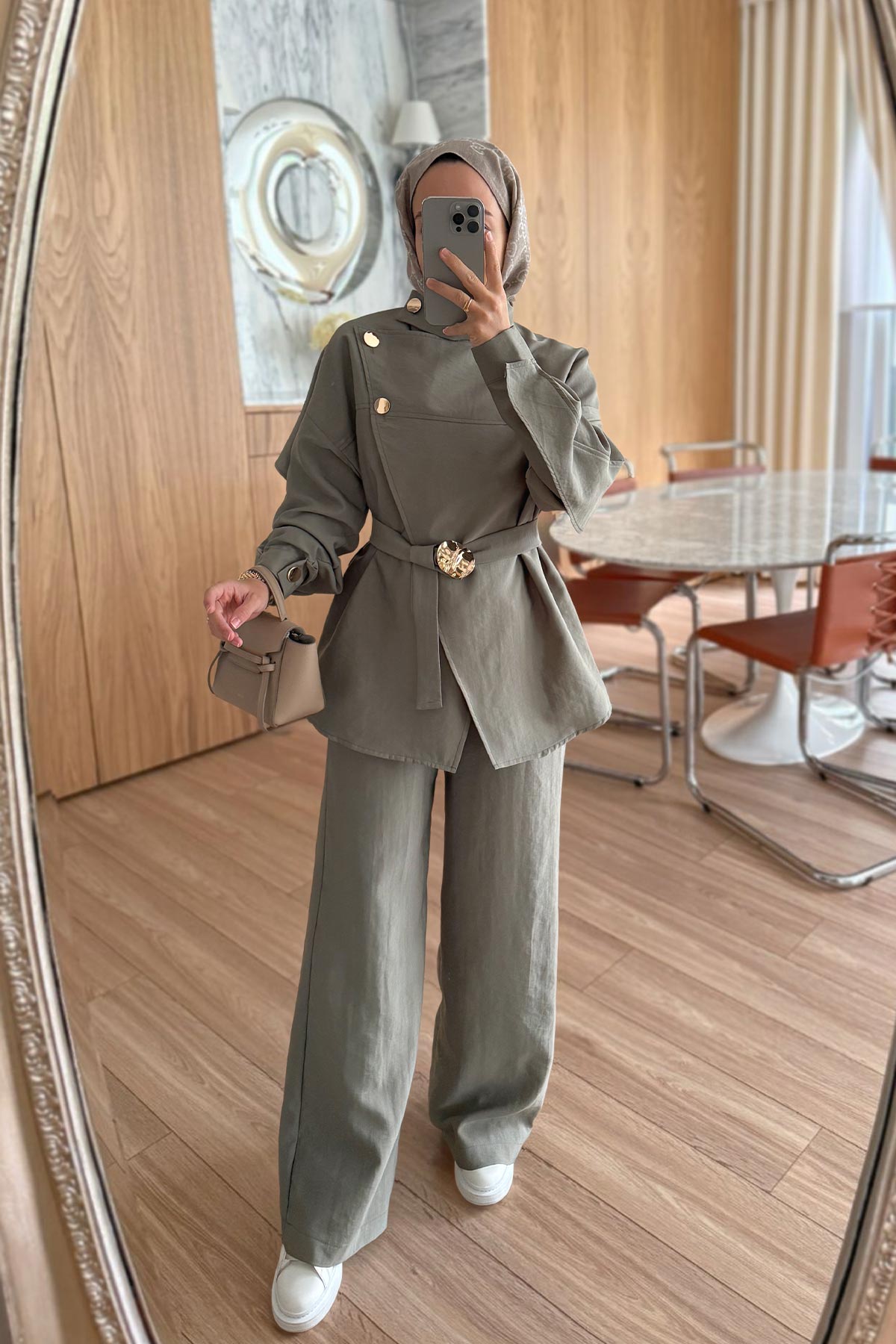 Trench Coat Suit with Shoulder Buttons - Green