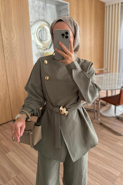 Trench Coat Suit with Shoulder Buttons - Green