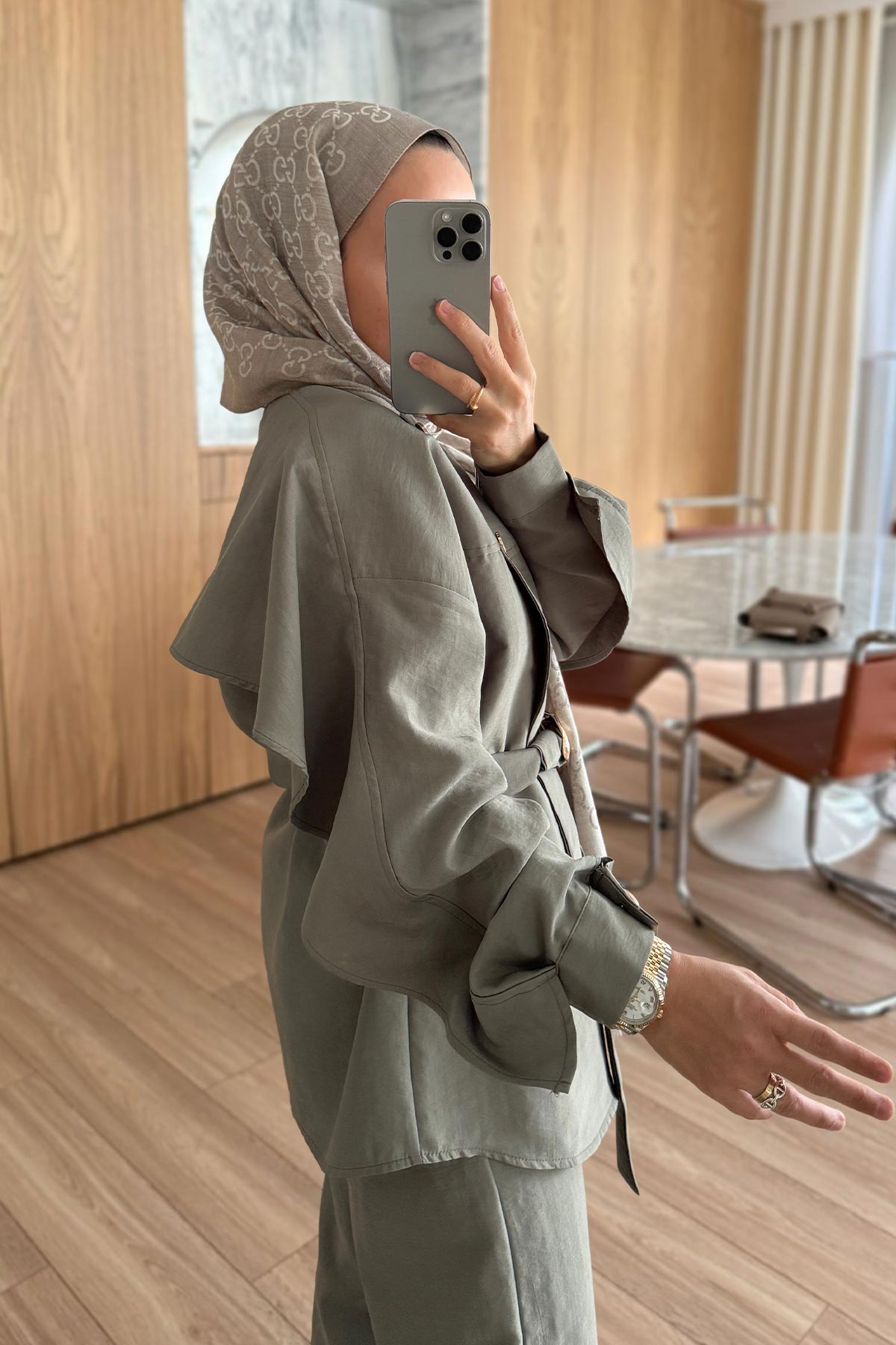 Trench Coat Suit with Shoulder Buttons - Green