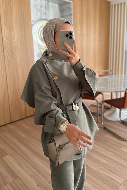 Trench Coat Suit with Shoulder Buttons - Green