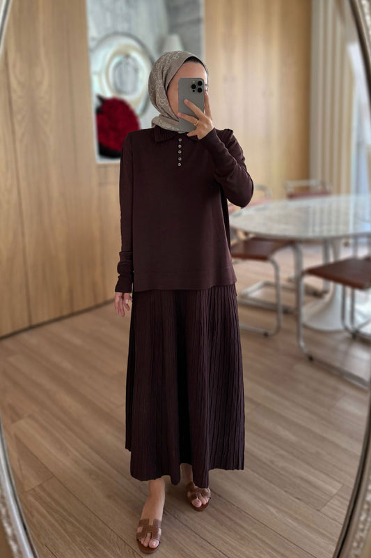 Wave Pattern Skirted Mercerized Suit - Brown