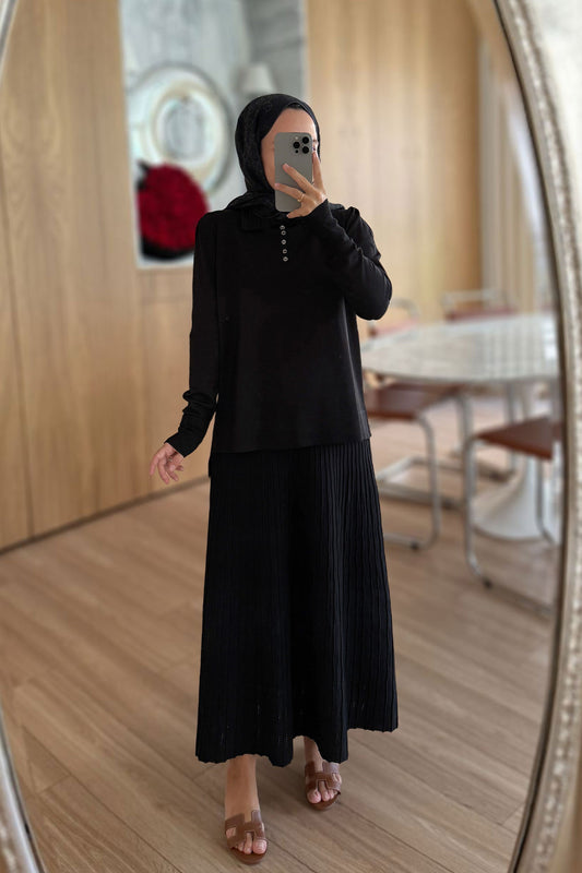 Wave Pattern Skirted Mercerized Suit - Black