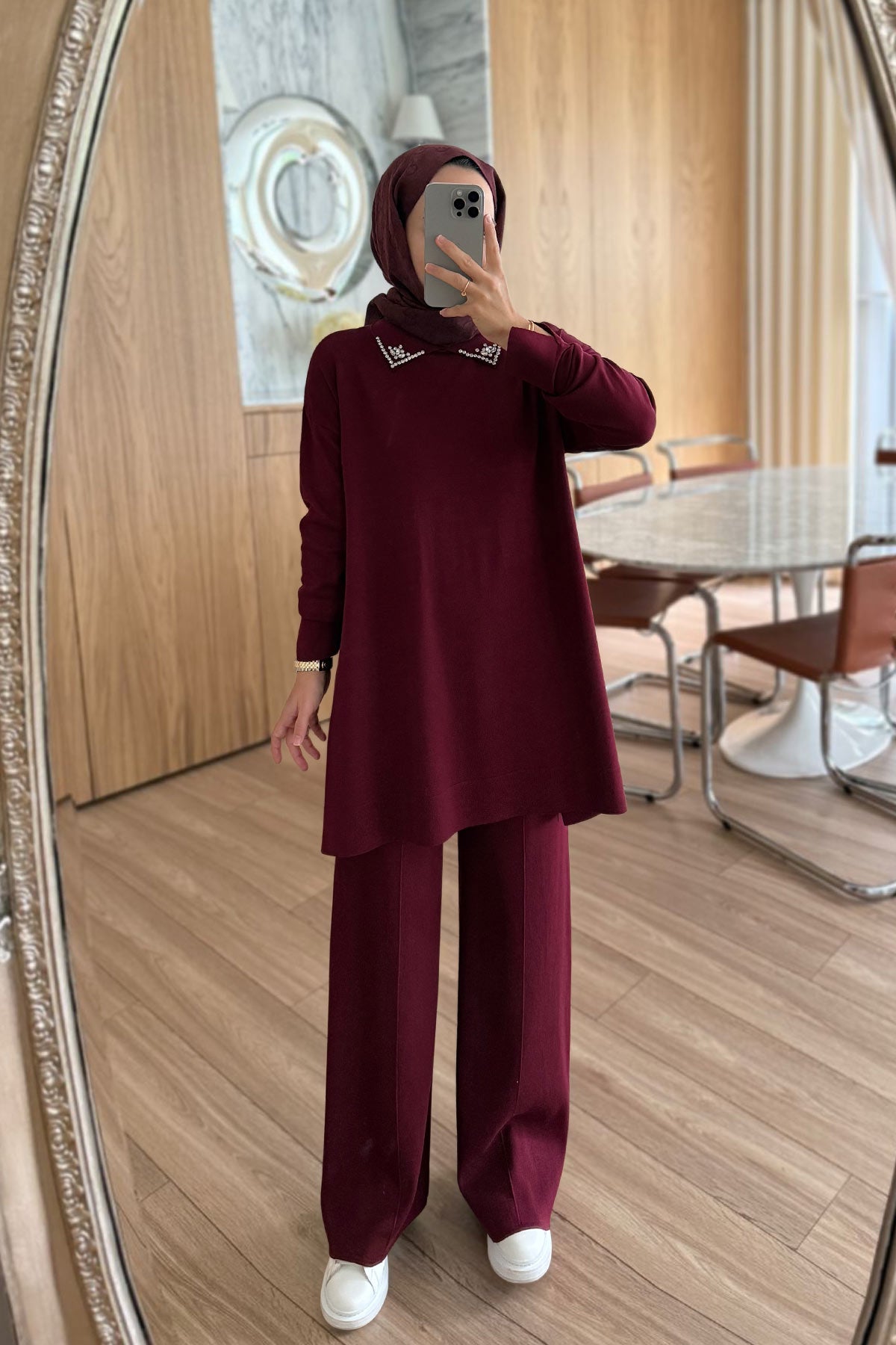 Slit Detail Stoned Mercerized Suit - Burgundy