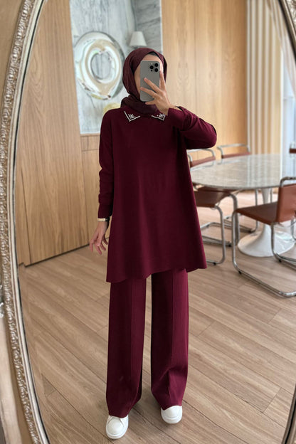 Slit Detail Stoned Mercerized Suit - Burgundy