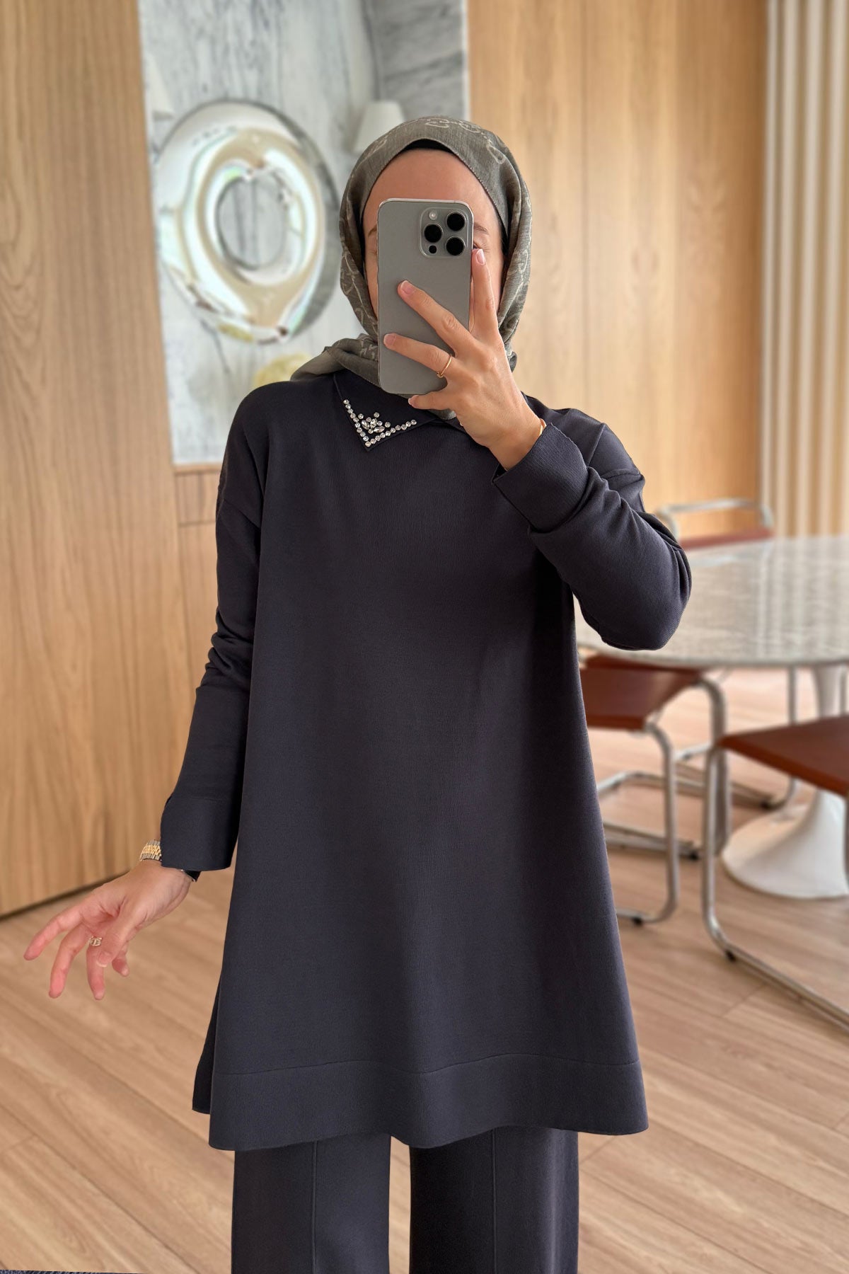 Slit Detail Stoned Mercerized Suit - Smoked Colored