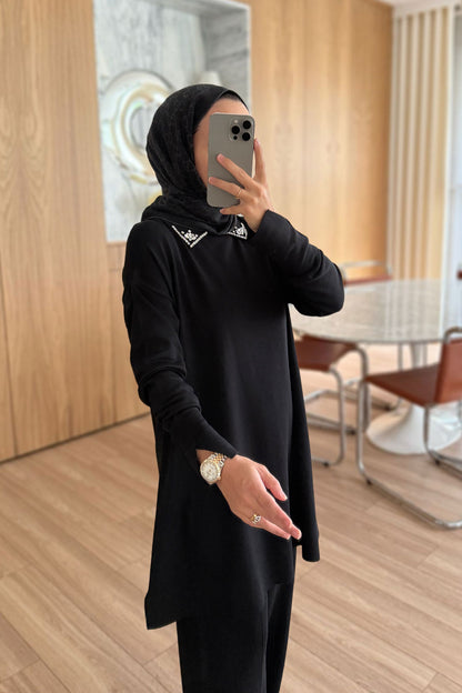 Slit Detail Stoned Mercerized Suit - Black