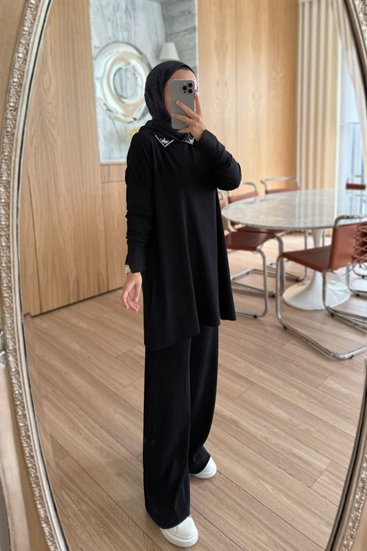 Slit Detail Stoned Mercerized Suit - Black