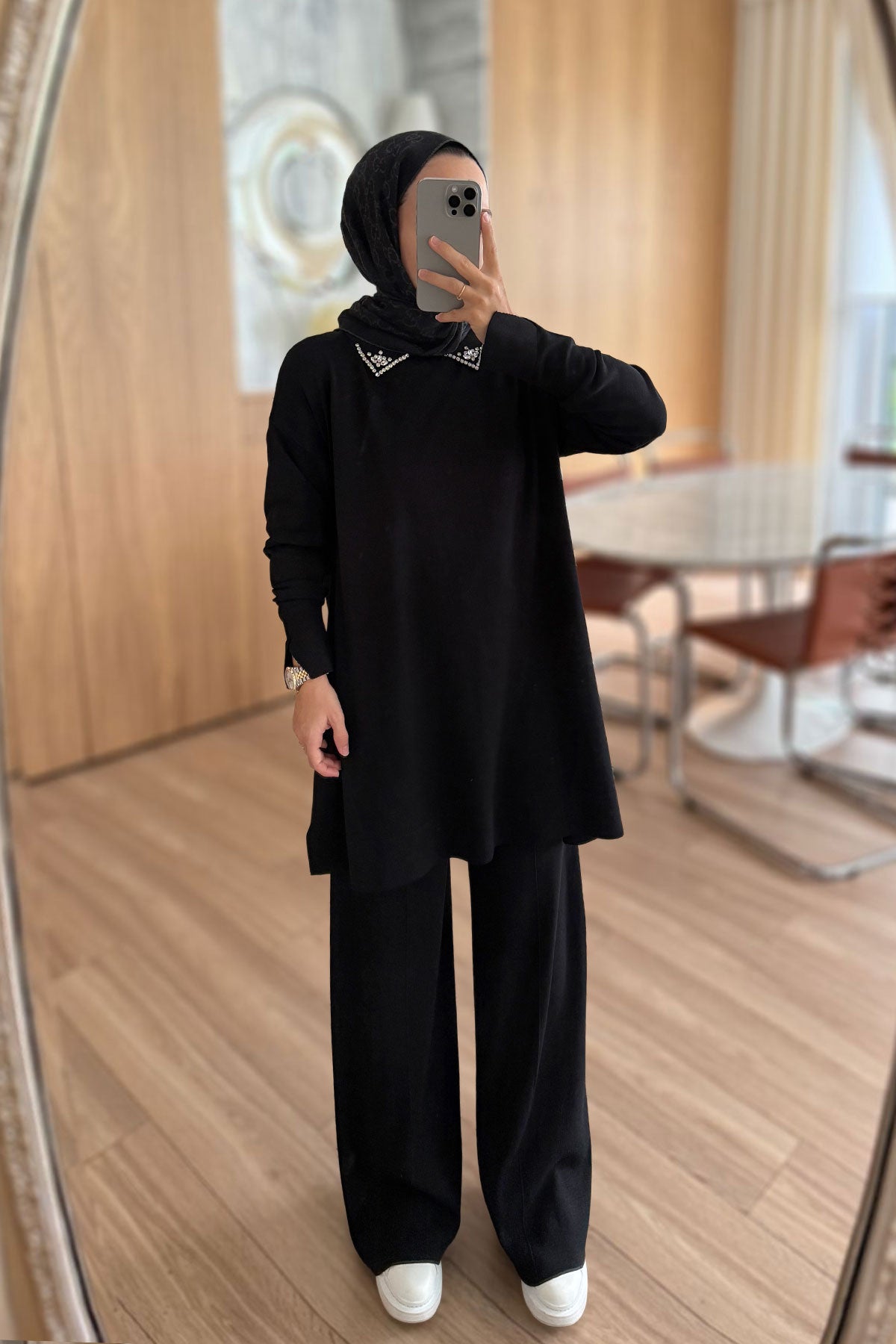 Slit Detail Stoned Mercerized Suit - Black