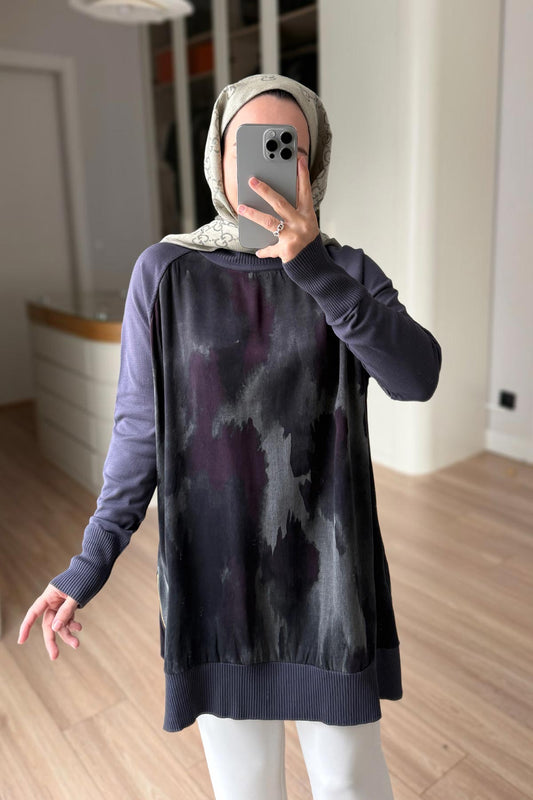 Side Zipper Patterned Turtleneck Mercerized Tunic - Anthracite