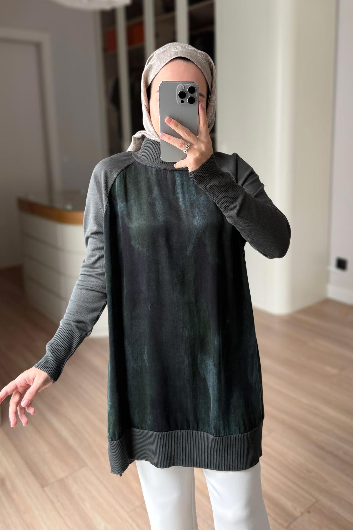 Side Zipper Patterned Turtleneck Mercerized Tunic - Khaki