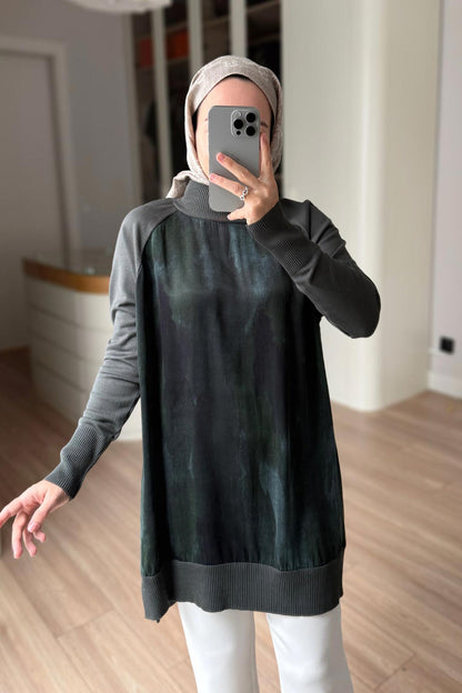 Side Zipper Patterned Turtleneck Mercerized Tunic - Khaki